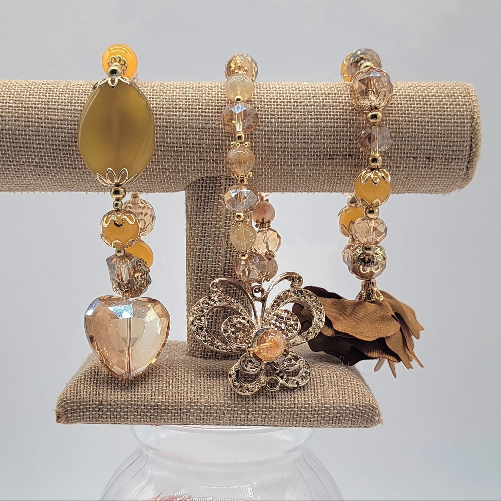 Hand Crafted Gold and Tan Charm Bracelet Trio